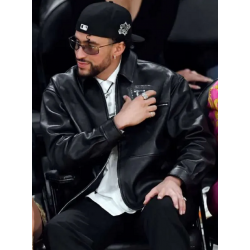 Bad Bunny Lakers Game Black Leather Jacket